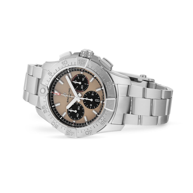 The Breitling Avenger B01 Chronograph 44 features a stainless steel case, beige dial with three black subdials, metal link bracelet, and is powered by the Breitling 01 calibre for precise timekeeping.