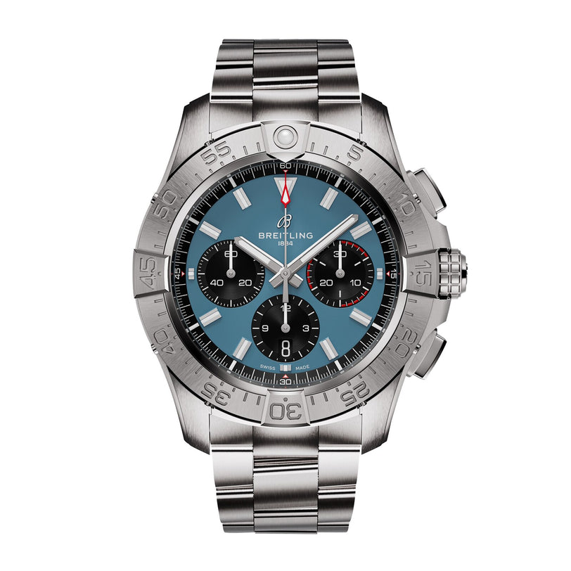 The Breitling Avenger B01 Chronograph 44 is a stainless steel aviation-inspired watch with a blue dial, three black subdials, and a metal link bracelet.