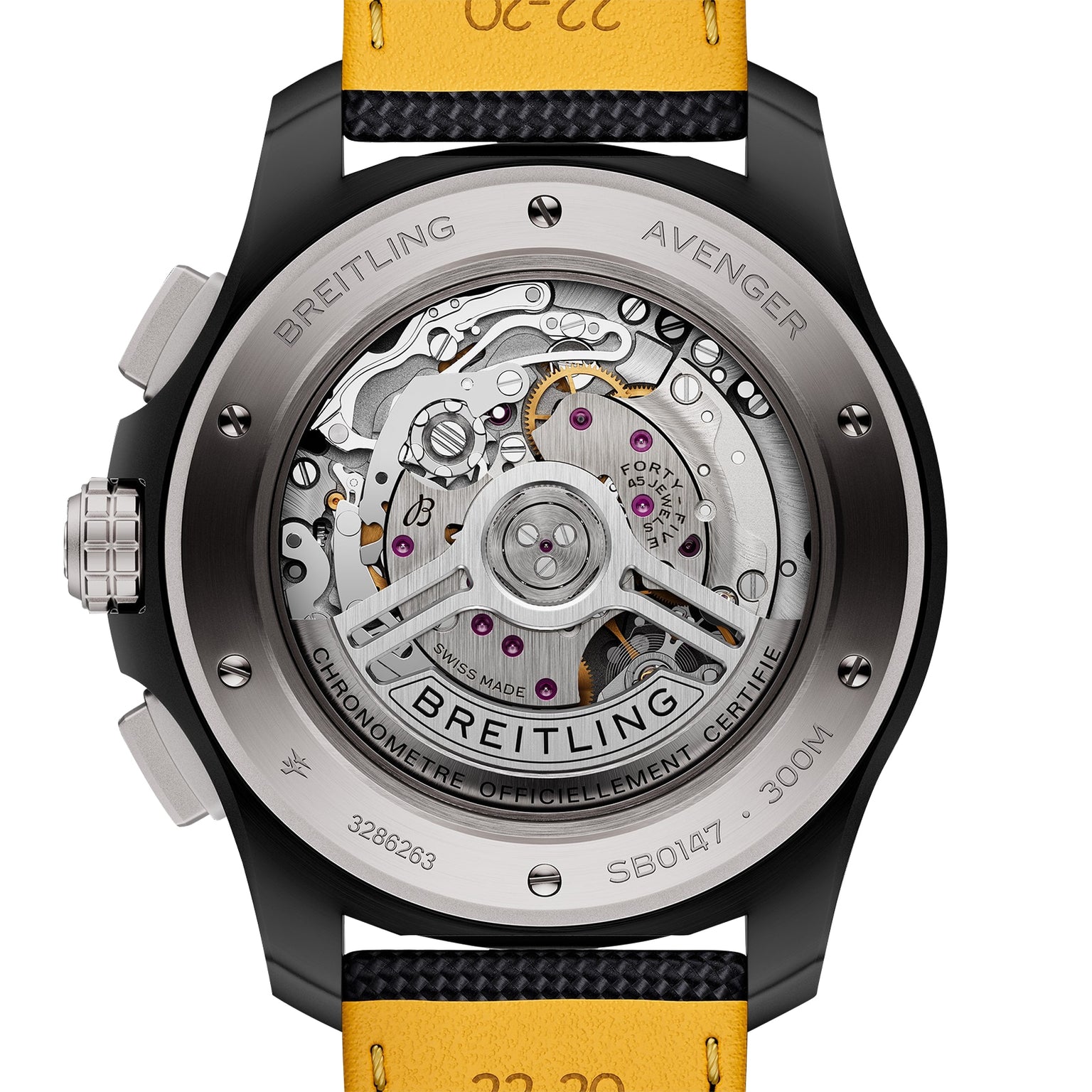 Close-up of the Breitling Avenger B01 Chronograph 44 Night Mission’s back, showing its automatic movement through a transparent case back with engraved markings and a strong ceramic and titanium case.