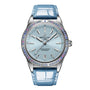 The Breitling Chronomat Automatic 36 South Sea features a light blue dial, 18K white gold gemstone bezel, silver markers, date at 6 o’clock, and a shiny light blue leather strap.