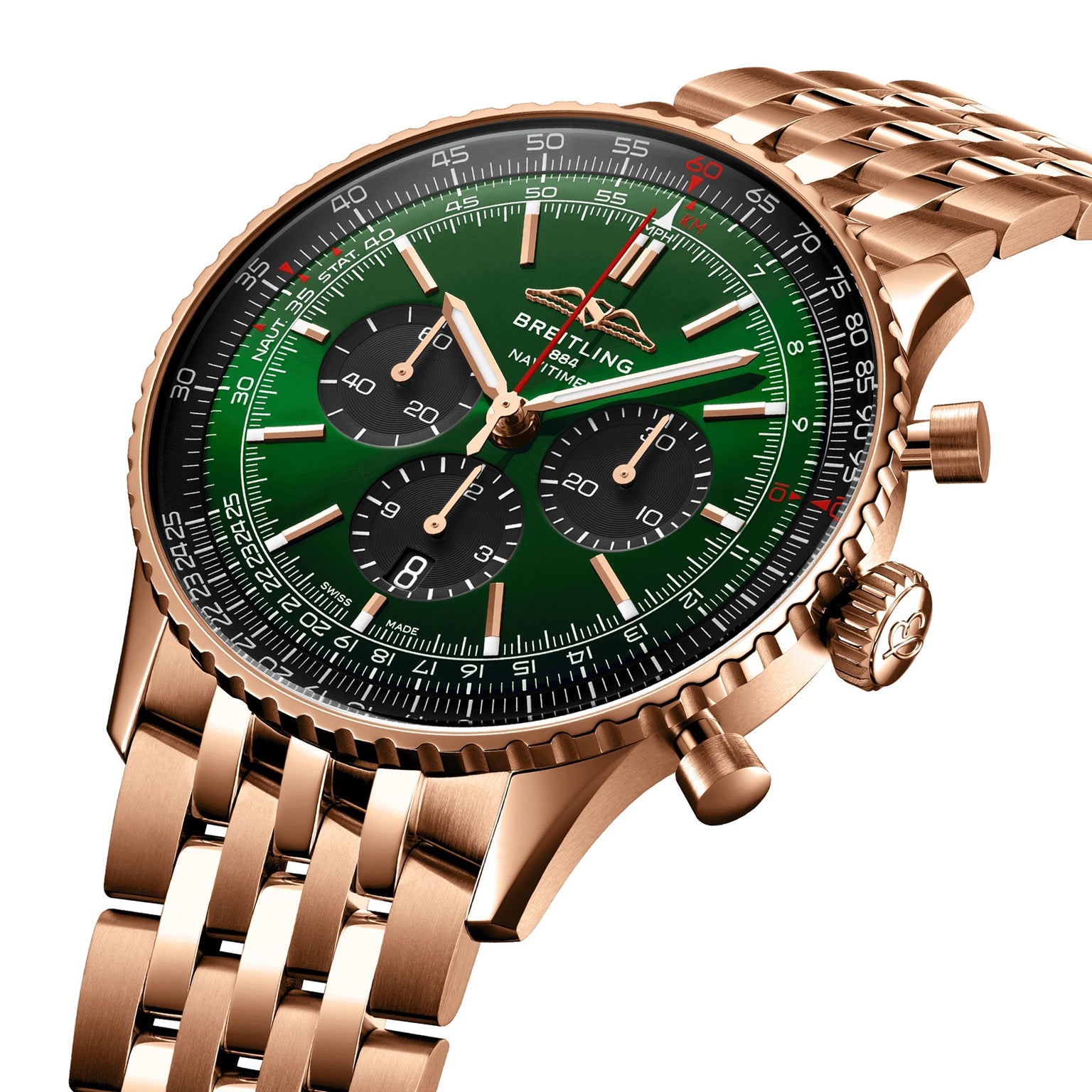 The Breitling Navitimer B01 Chronograph 46 features a gold case, green dial with three black subdials, and a gold link bracelet. This iconic watch is shown against a white background.