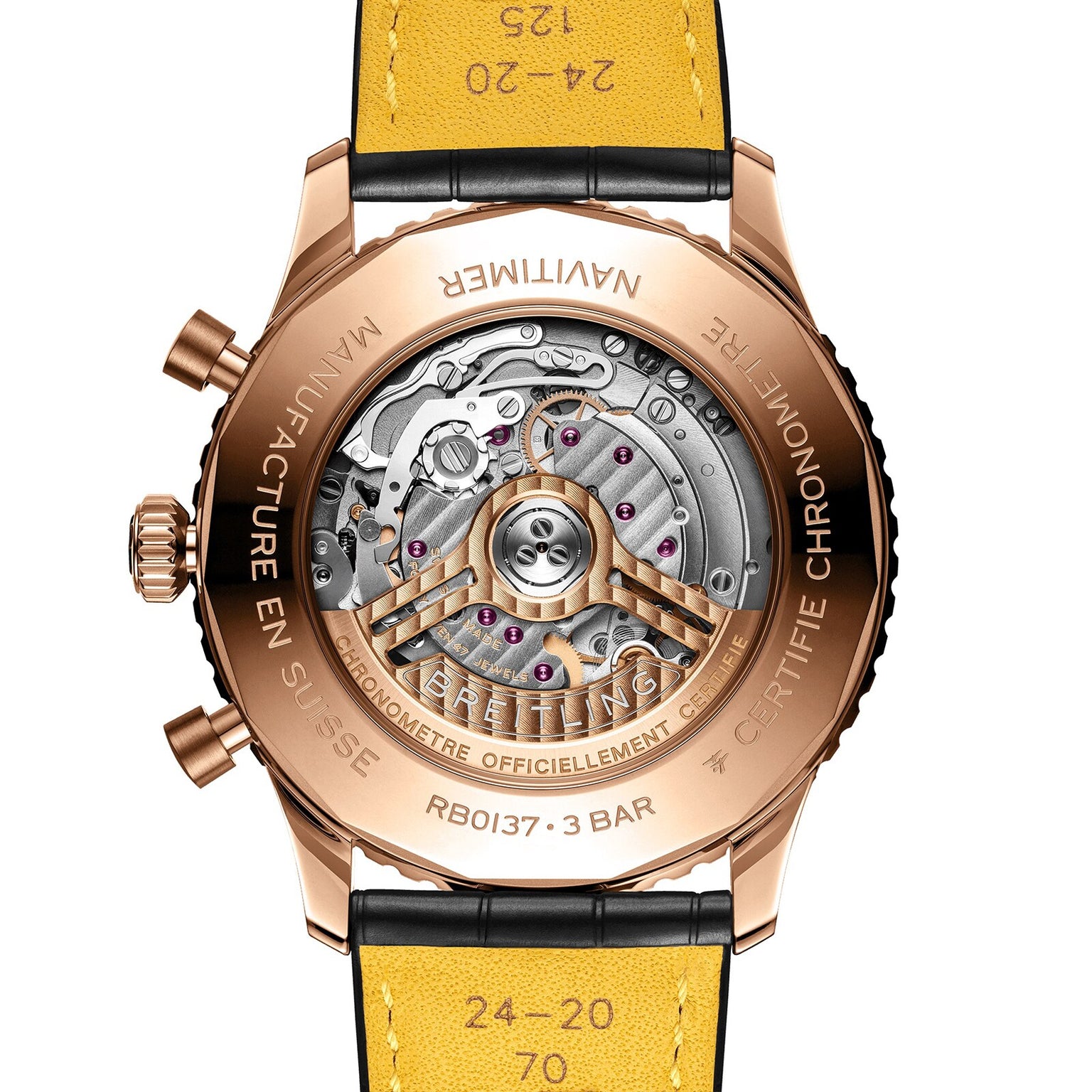 The back of the Breitling Navitimer B01 Chronograph 46 unveils its detailed mechanical movement, engraved case elements, and a bold black and yellow leather strap.