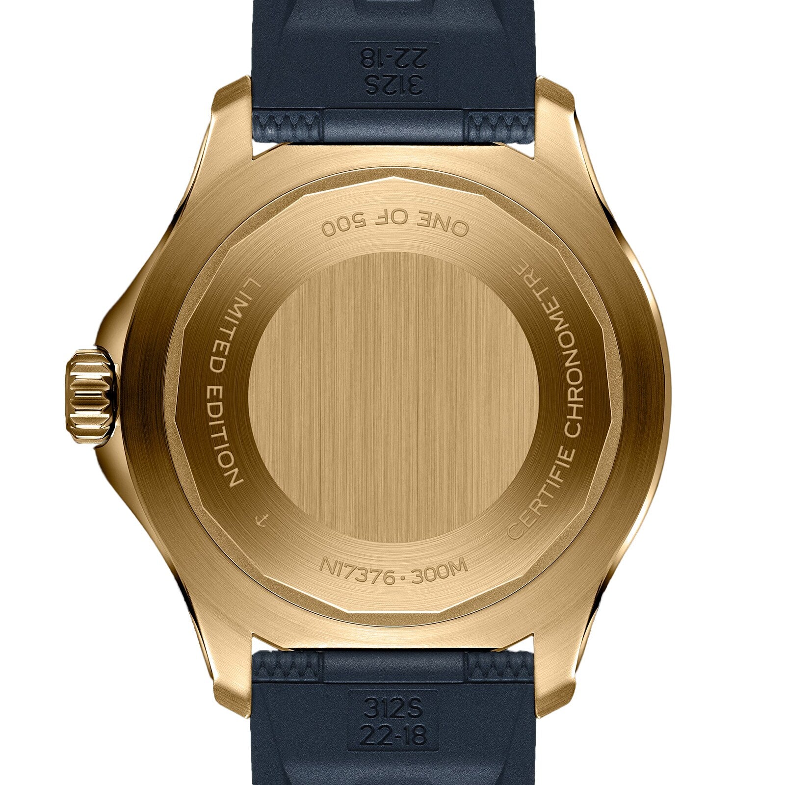 The Breitling Superocean Automatic 44 features a gold case back with limited edition and certification engravings, paired with a dark strap.