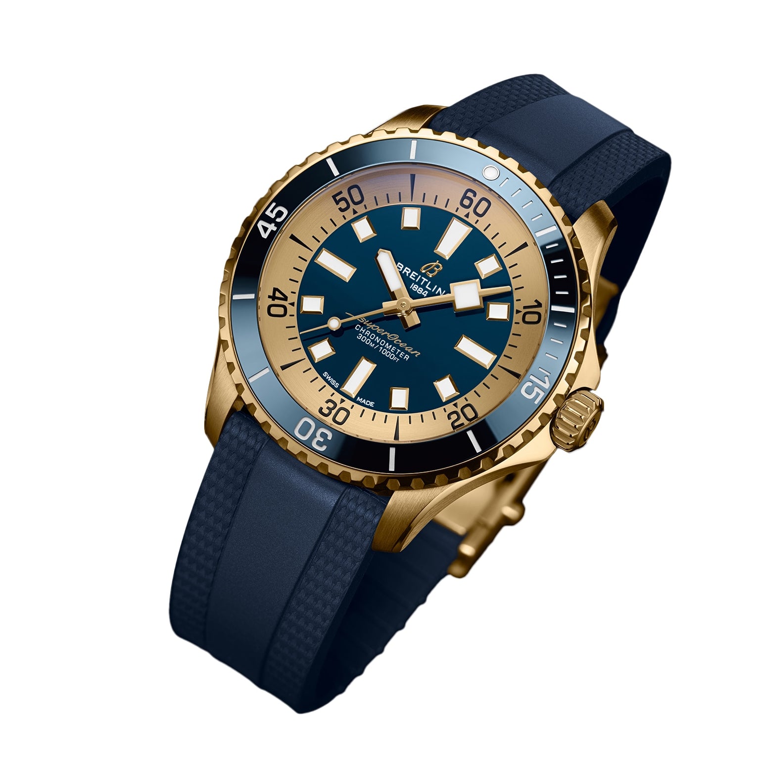 Breitling Superocean Automatic 44 gold wristwatch with a blue face and band, bold white markers, and a rotating bezel, displayed at an angle.
