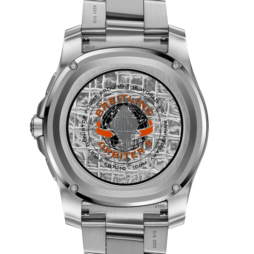 Back view of the Breitling Aerospace B70 Orbiter stainless steel pilots chronograph, featuring the Orbiter logo, a globe graphic, and etched text with flight history, water resistance, and model numbers.
