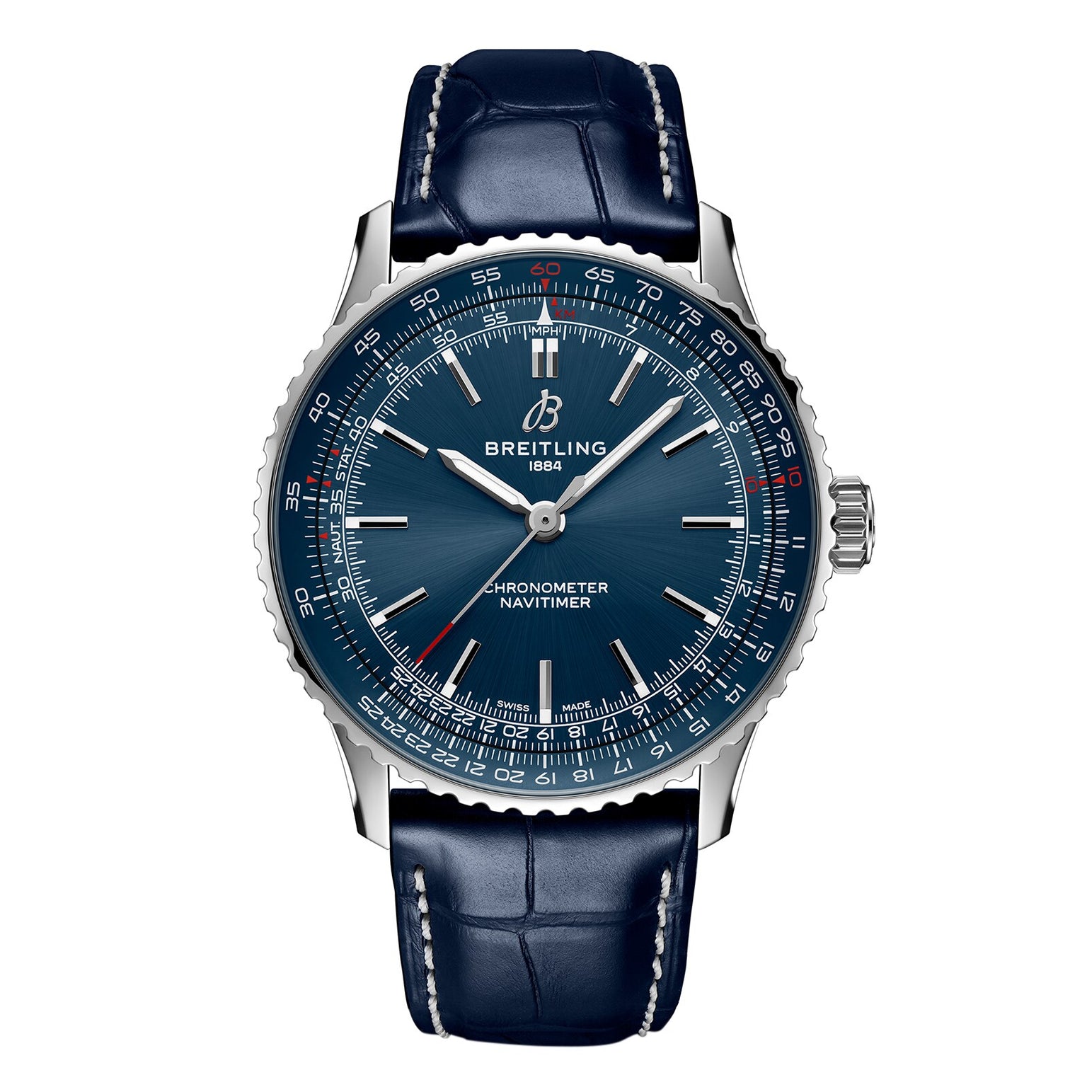 The Breitling Navitimer Automatic 41 features a stainless steel case, blue dial, and blue leather strap, powered by the precise Breitling 17 calibre.