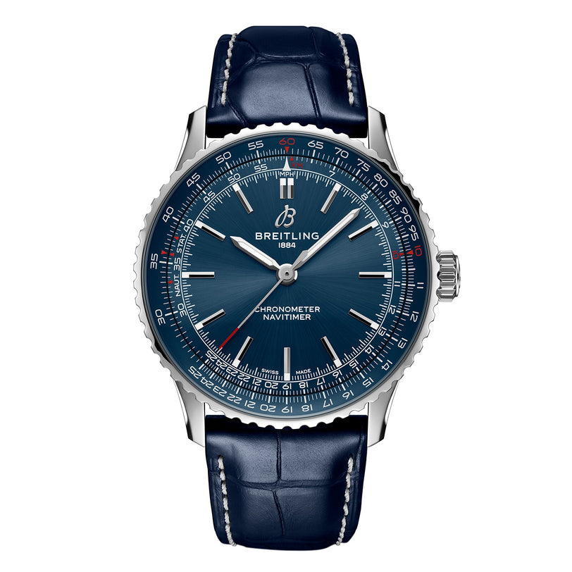 The Breitling Navitimer Automatic 41 features a stainless steel case, blue dial, and blue leather strap, powered by the precise Breitling 17 calibre.