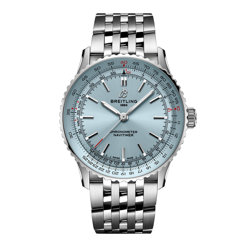 The Breitling Navitimer Automatic 41 features a light blue dial, silver hour markers, and a stainless steel bracelet—an iconic aviation-inspired watch displayed on a white background.