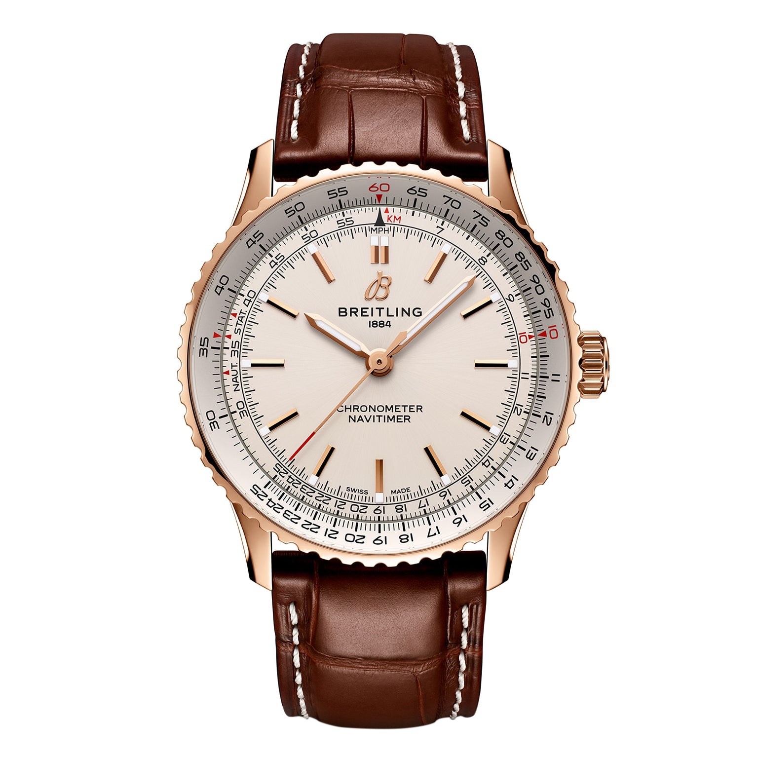 The Breitling Navitimer Automatic 41 features a white dial, 18K red gold case, brown leather strap, and classic chronograph detailing—an iconic mechanical wristwatch from Breitling.