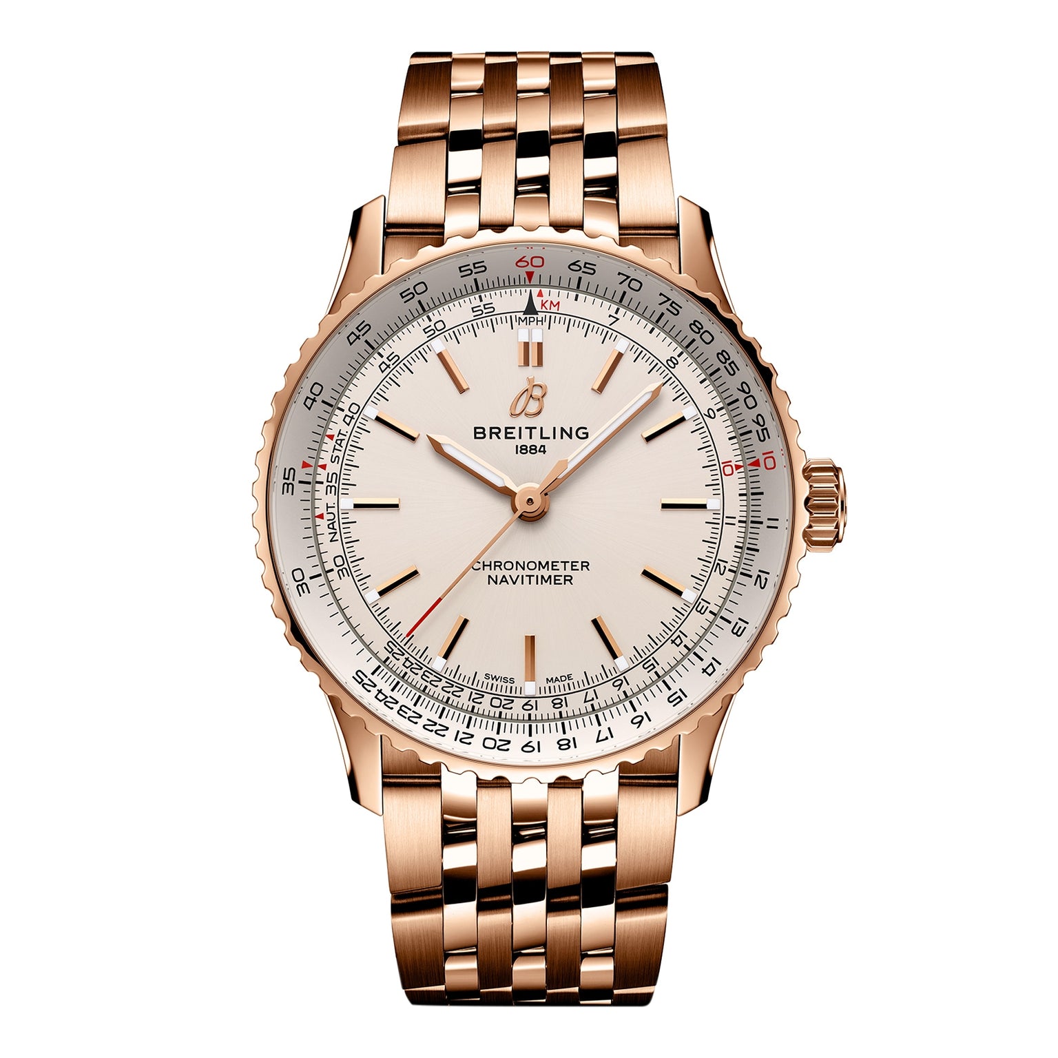 The Breitling Navitimer Automatic 41 is a luxurious rose gold chronograph wristwatch with a white dial, gold hour markers, and a matching metal bracelet.