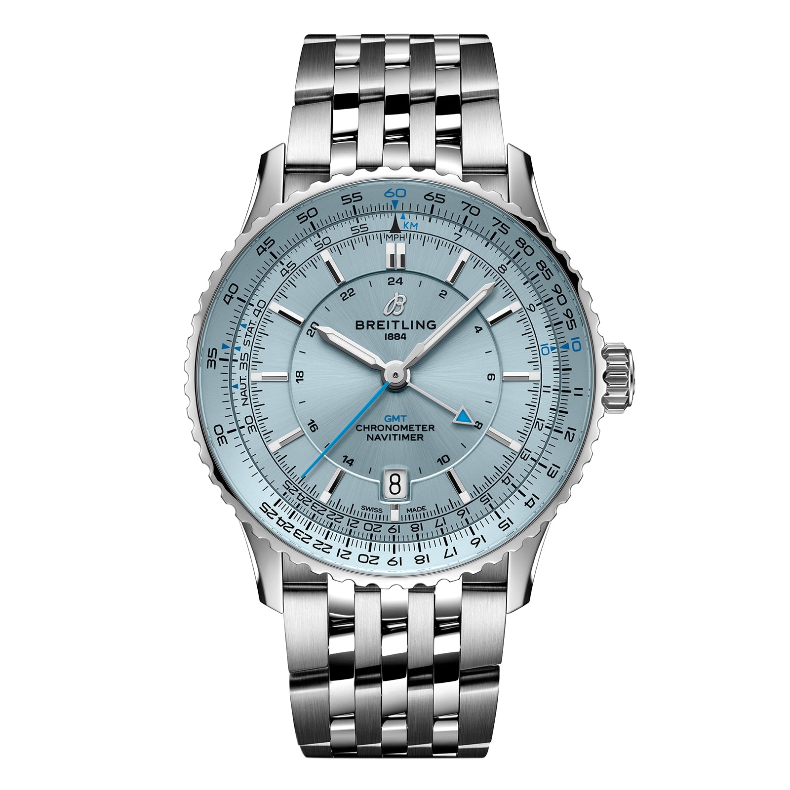 The Breitling Navitimer Automatic GMT 41 features a blue dial, silver hour markers, and a stainless steel bracelet. It displays the date and multiple time zones—ideal for fans of mechanical chronographs.