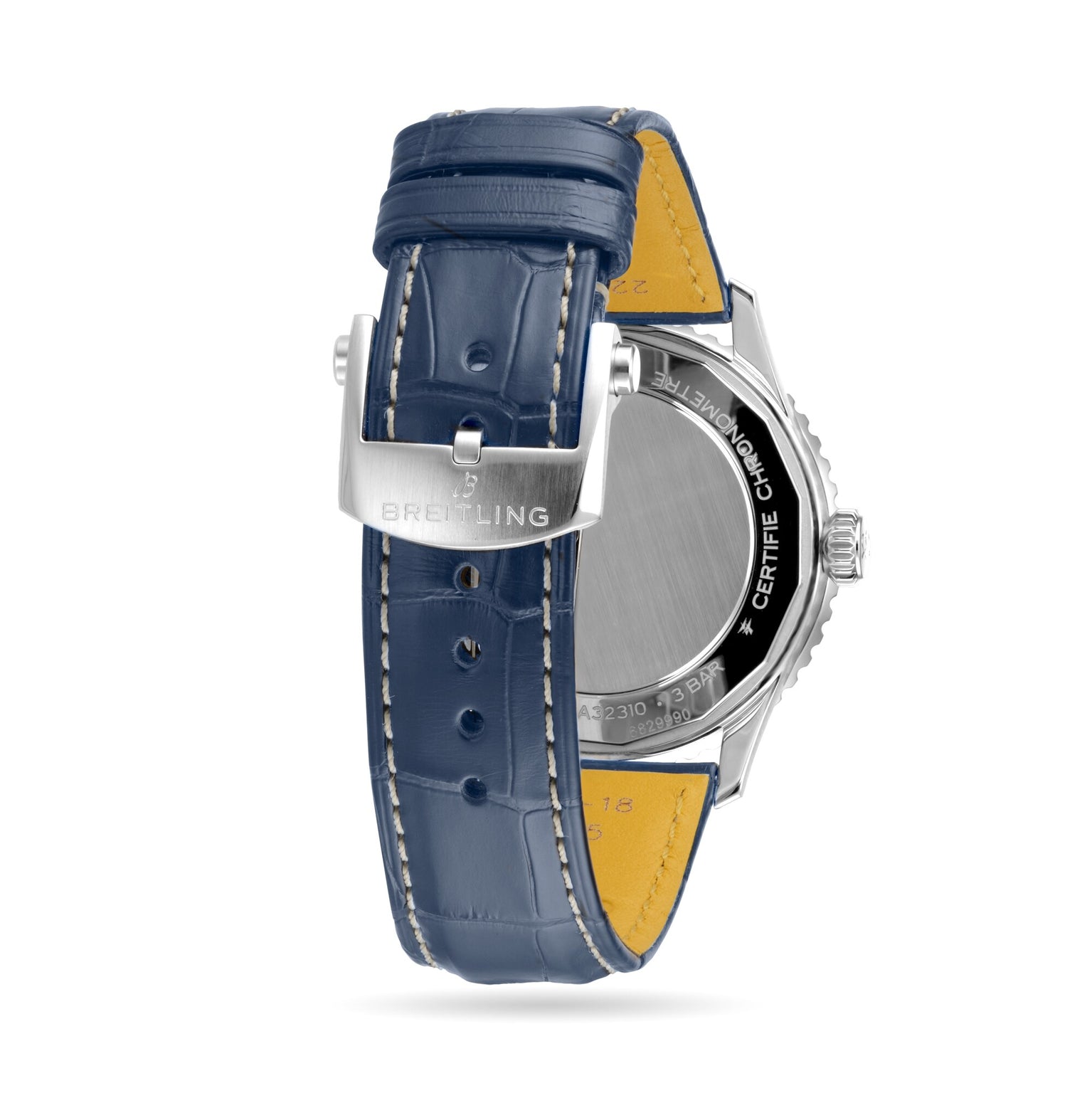 A close-up of the back of the Breitling Navitimer Automatic GMT 41 shows its polished stainless steel case and a blue leather strap with a silver buckle engraved with Breitling.