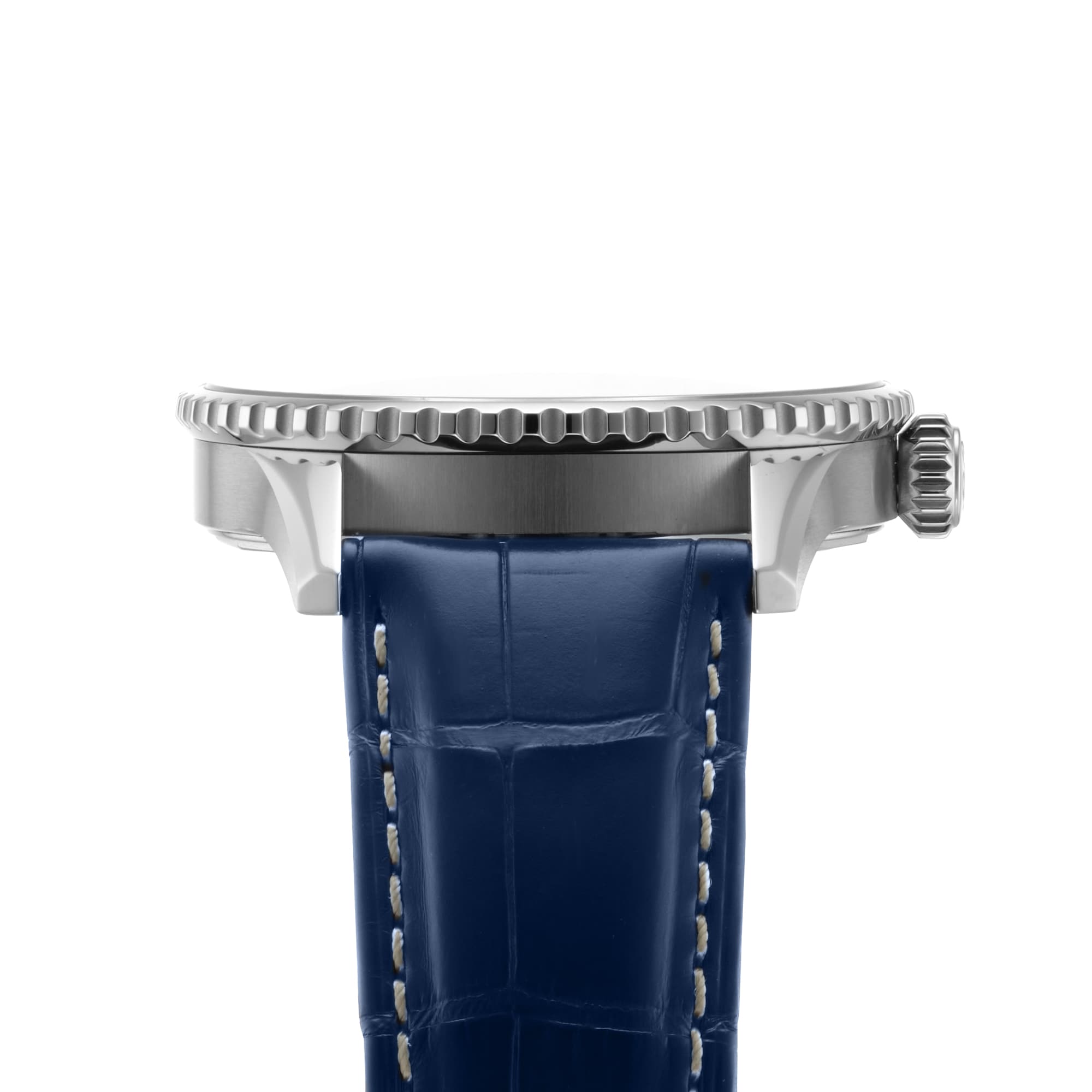 Side view of the Breitling Navitimer Automatic GMT 41, featuring a 41mm stainless steel case with a textured bezel and crown, paired with a blue leather strap accented by white stitching.