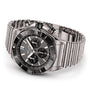 The Breitling Super Chronomat B01 44 watch features a stainless steel case, black dial with three subdials, metal link bracelet, and is powered by the precise Breitling 01 calibre for outstanding performance.