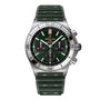 The Breitling Chronomat B01 42 is a stainless steel chronograph watch with a green dial, three subdials, tachymeter scale, textured green rubber strap, and is powered by the Breitling Manufacture 01 calibre movement.