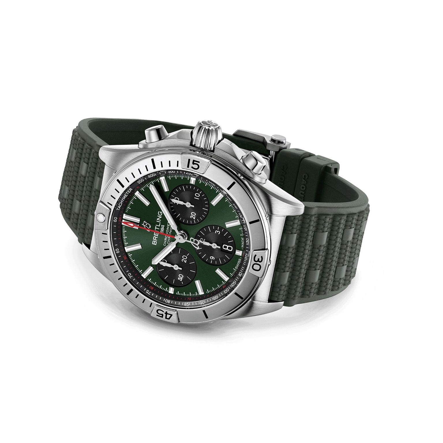 The Breitling Chronomat B01 42 is a stainless steel chronograph watch featuring a green dial with three black subdials and a matching textured green rubber strap.