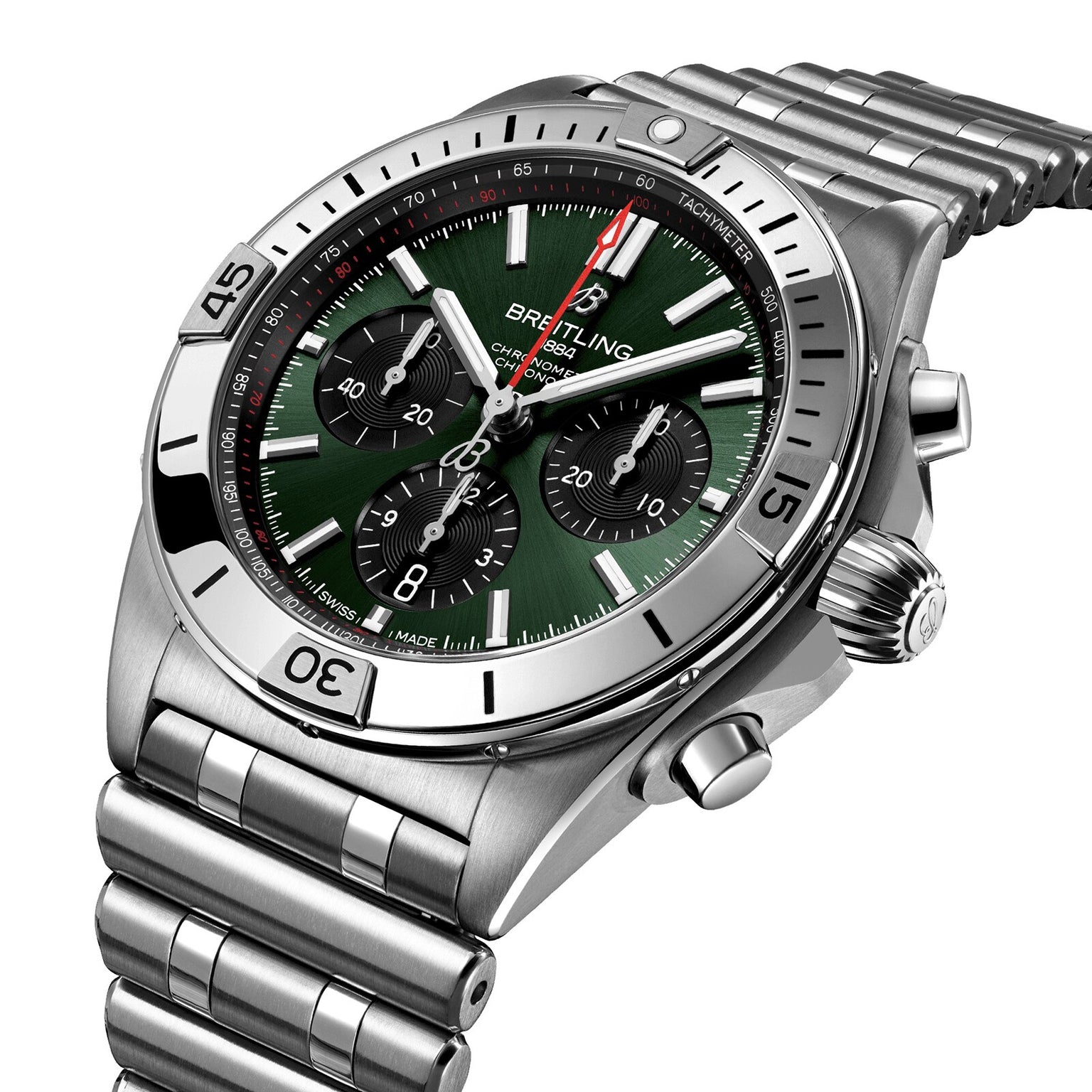 The Breitling Chronomat B01 42 is a stainless steel chronograph watch featuring a green dial, three black subdials, a tachymeter bezel, and the signature Rouleaux bracelet.