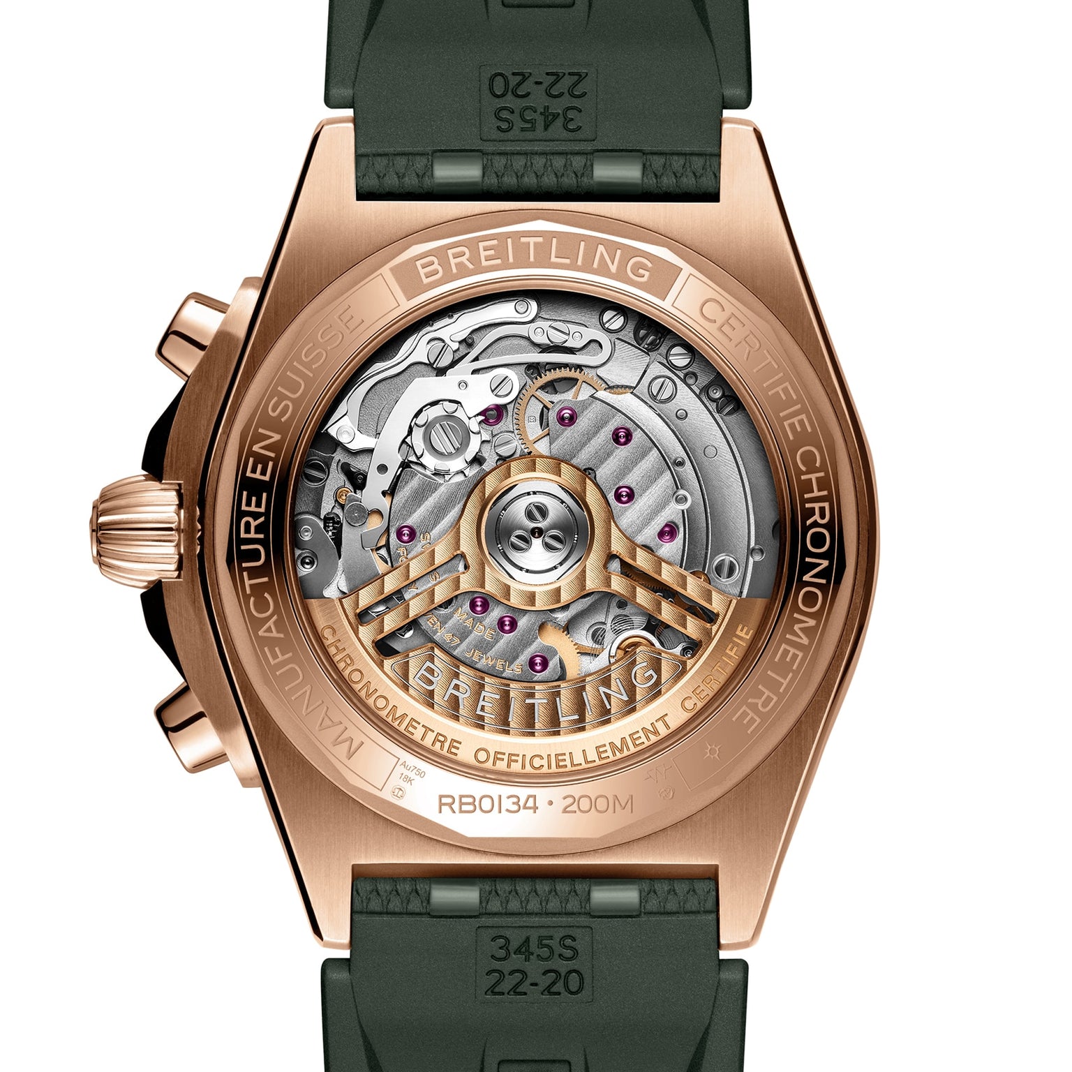 Close-up of the back of the Breitling Chronomat B01 42, showcasing its transparent case that reveals the detailed Breitling 01 calibre movement and engraved markings on the metal and green strap.