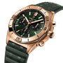 The Breitling Chronomat B01 42 boasts a green dial, red gold case, three subdials, date display, textured green rubber strap, and is powered by the acclaimed Breitling 01 calibre.