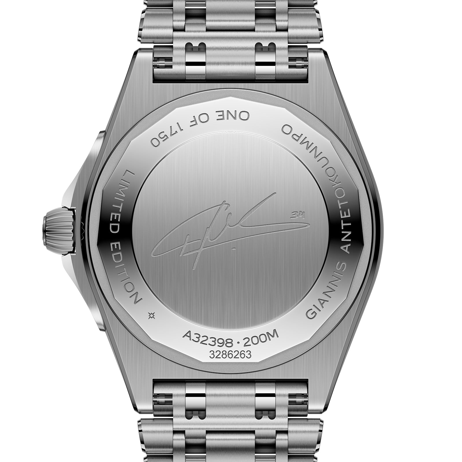 The back of a Breitling Chronomat Automatic GMT 40 Giannis Antetokounmpo wristwatch showcases engraved text, a signature, and serial numbers on its stainless steel case with the watch band attached.