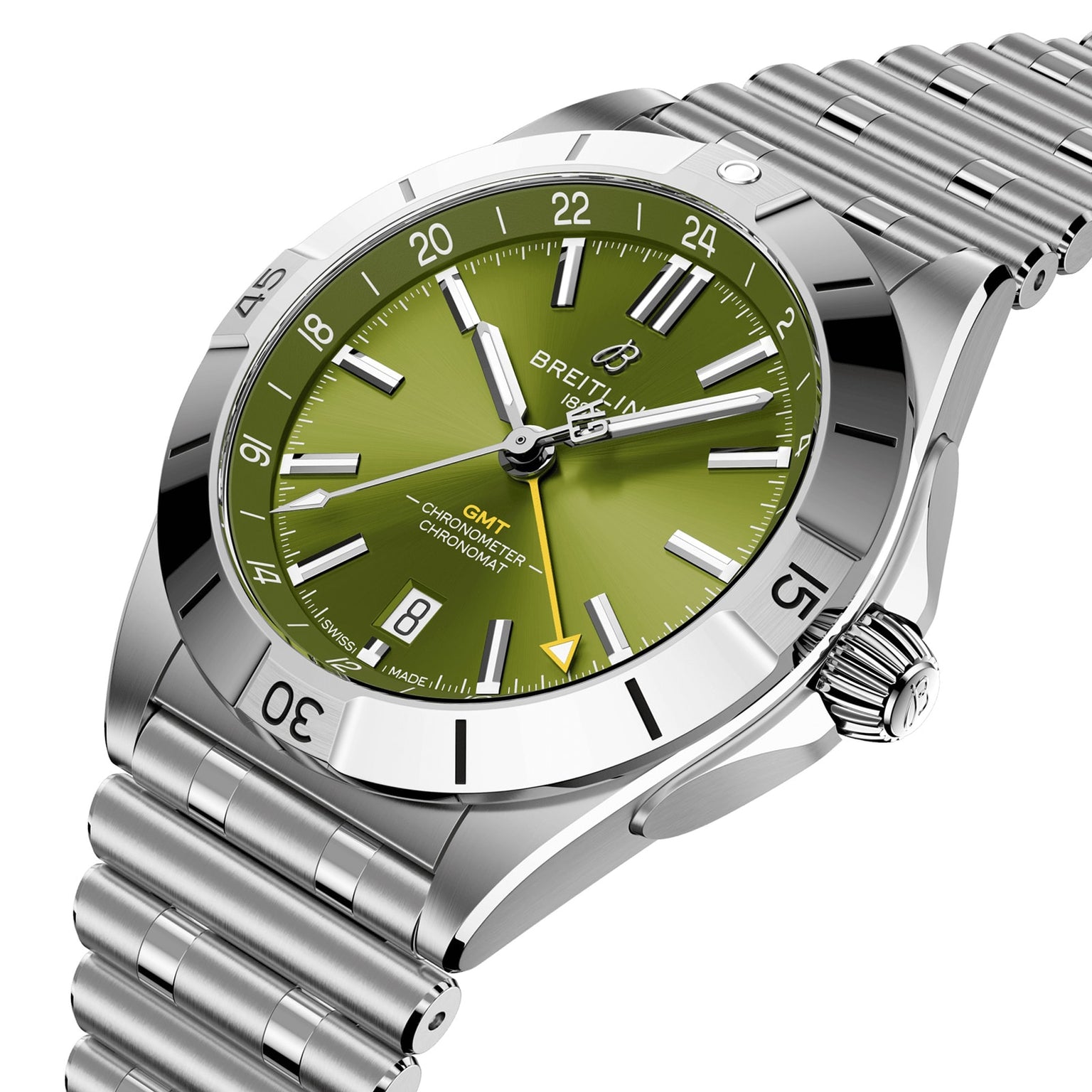 The Breitling Chronomat Automatic GMT 40 Giannis Antetokounmpo is a limited edition wristwatch with a stainless steel case, green dial, silver hour markers, metal bracelet, and time plus GMT functions.