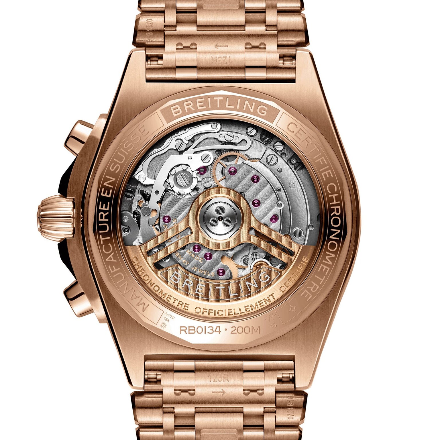 Close-up of the Breitling Chronomat B01 42’s back, highlighting its gold case, visible mechanical chronograph movement, and engraved text around the edge.