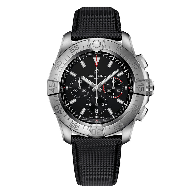 The Breitling Super Avenger B01 Chronograph 46 is a stainless steel watch with a black dial, three subdials, date window, silver indices, and a black textured aviation-style strap.