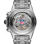 Close-up of the back of a stainless steel Breitling Chronomat B01 42 NFL Las Vegas Raiders Edition, showing visible mechanical movement, NFL logo, and engravings marking it as a limited edition Swiss-made chronometer.