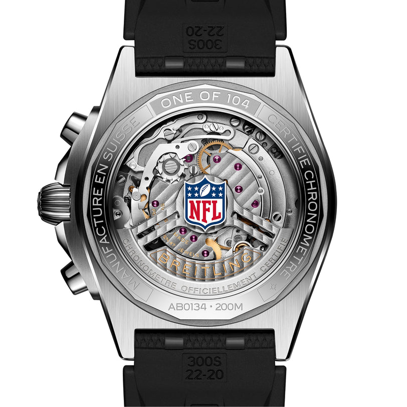 The back of the Breitling Chronomat B01 42 NFL Chicago Bears Edition showcases its mechanical movement with the NFL logo at the center.