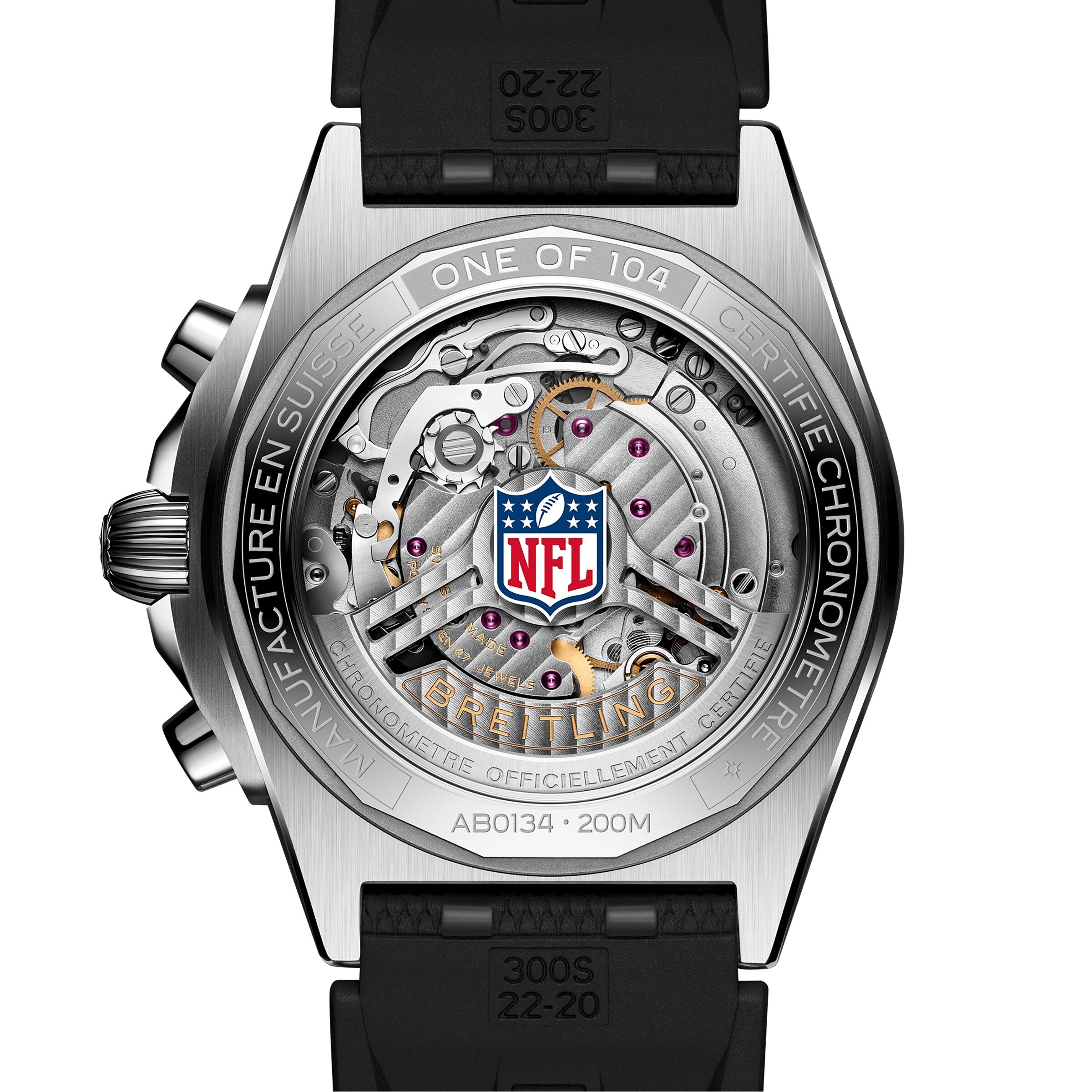 Back of the Breitling Chronomat B01 42 NFL Los Angeles Chargers Edition watch, featuring visible gears, the NFL logo, and engraved text on the case and rubber strap.