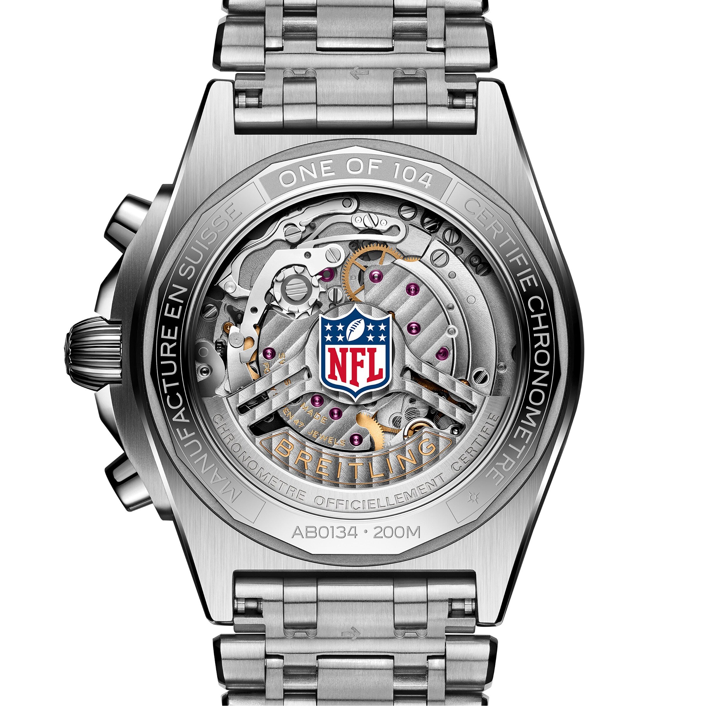 Close-up of the Breitling Chronomat B01 42 NFL Denver Broncos Edition’s back, revealing exposed gears and an NFL logo on the movement.