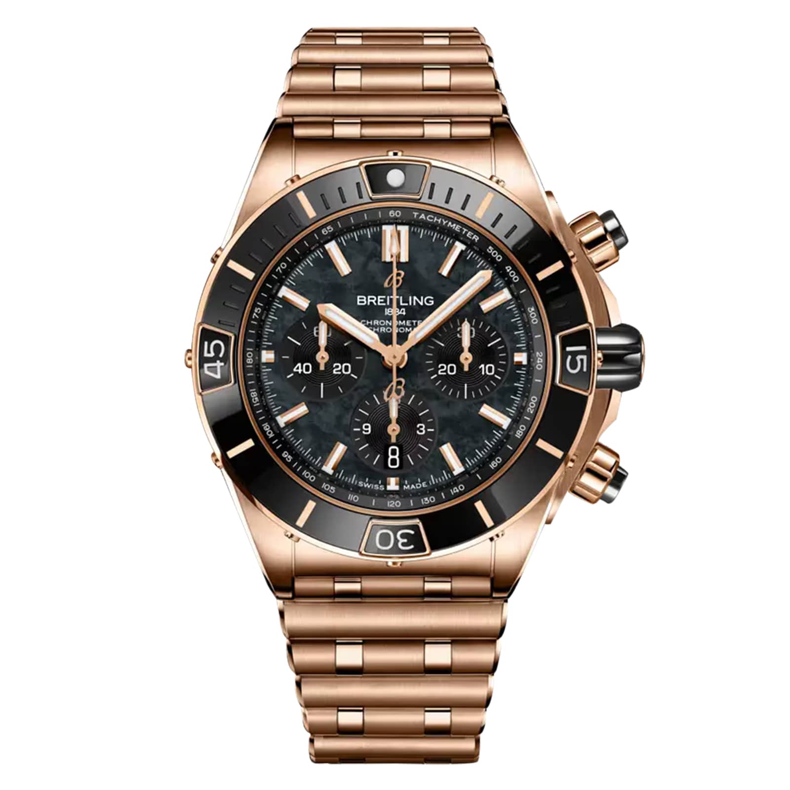 The Breitling Super Chronomat B01 44 features a gold case, black and gold bezel, black dial with three subdials and date display, plus a matching gold bracelet—blending luxury style with chronometer precision.