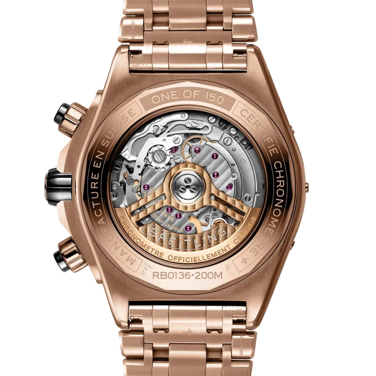 Close-up of the back of the Breitling Super Chronomat B01 44, showing its exposed chronometer-certified mechanical movement and engraved case details.