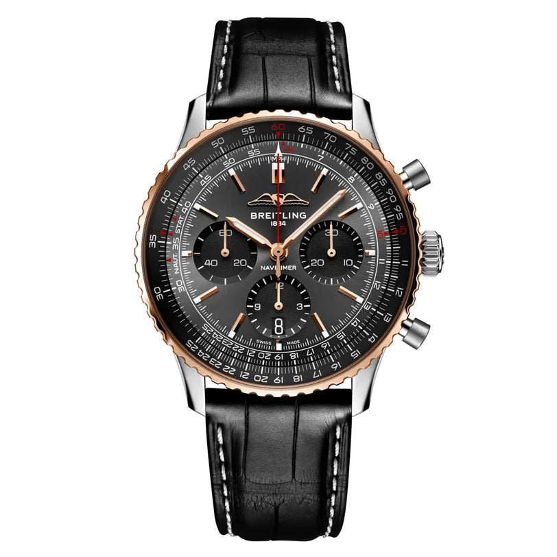 The Breitling Navitimer B01 Chronograph 43mm Limited Edition features a black leather strap, black dial, gold bezel, silver and gold accents, three subdials, and precision chronograph function.