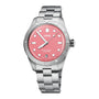 The Oris Divers Sixty‑Five Cotton Candy is a silver stainless steel wristwatch with a pink dial and white hour markers.