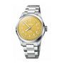 The Oris Big Crown Pointer Date has a stainless steel case, sunshine yellow dial with white Arabic numerals and date track, silver bracelet, Swiss Made automatic movement, and displays the time at 10:10.
