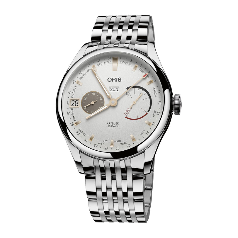 Oris Artelier stainless steel watch with silver dial, day-date window, and linked metal bracelet.