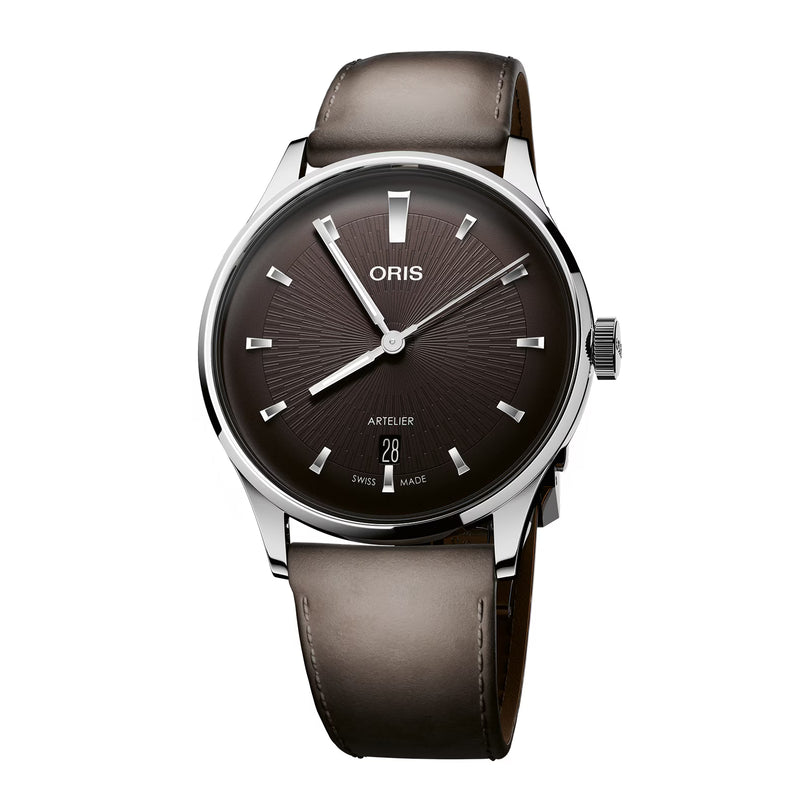 Oris Artelier watch with silver case, black dial, rectangular hour markers, date window, and brown leather strap.