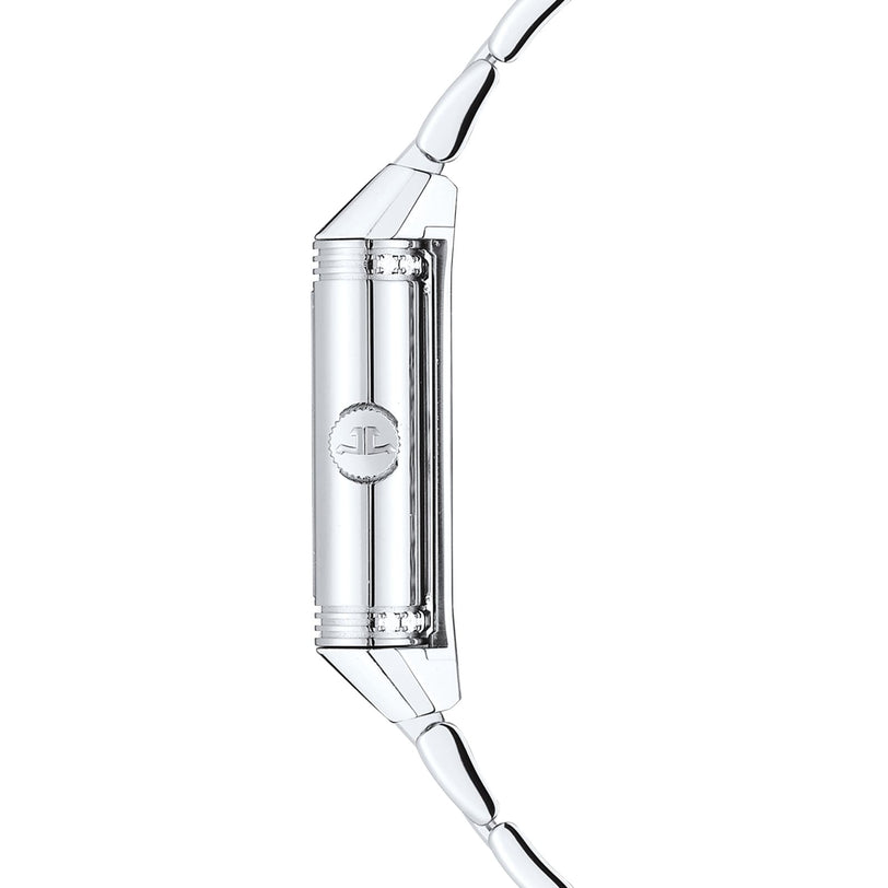 Side view of the Jaeger-LeCoultre Reverso Classic ladies’ watch with a polished silver case, diamond bezel, and matching bracelet—engraved details and logo on the side evoke timeless elegance.