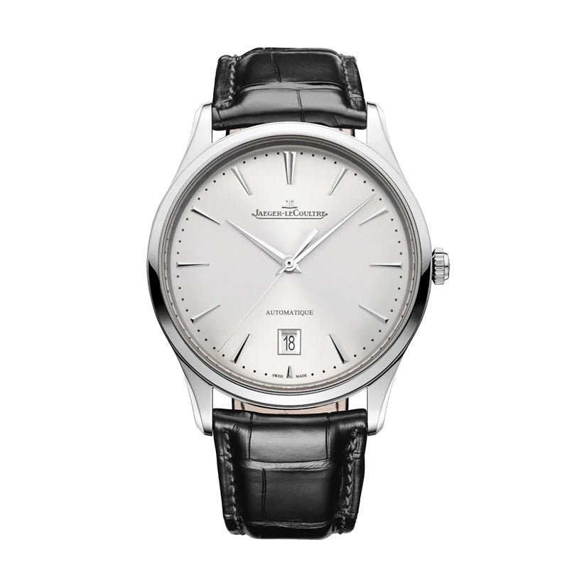 The Jaeger-LeCoultre Master Ultra Thin Date features a silver case, white dial, slim silver hour markers, date at 6 o’clock, and a black leather strap. This watch boasts a classic, minimalist ultra-thin design.