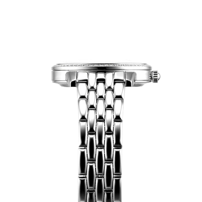 A side view close-up of the Jaeger-LeCoultre Rendez-Vous Night & Day women's watch highlights its shiny linked bracelet and slim case, set against a plain white background.