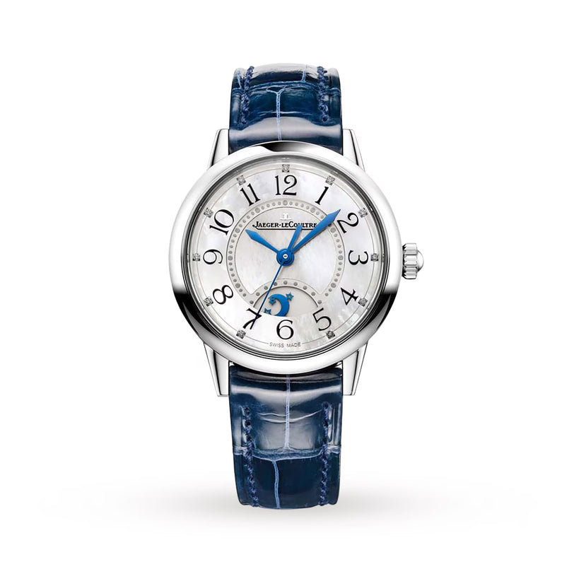 The Jaeger-LeCoultre Rendez-Vous Night & Day women's watch features a round silver case, white dial with blue hands and Arabic numerals, a moon phase at 6 o’clock, and a shiny blue leather strap.