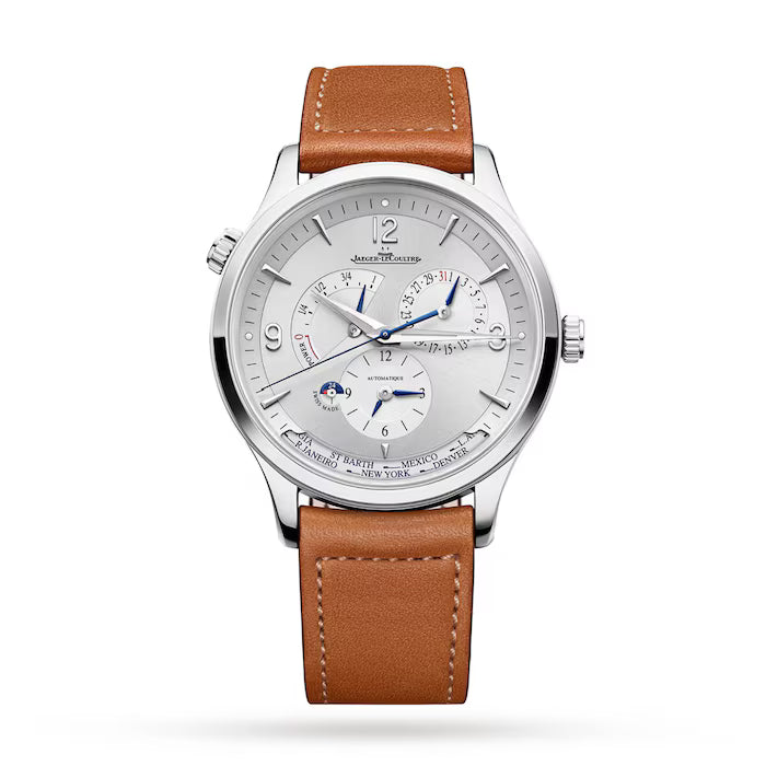 The Jaeger-LeCoultre Master is a luxury stainless steel wristwatch with a silver dial, multiple subdials, brown leather strap, and displays time, date, power reserve, and world time functions.
