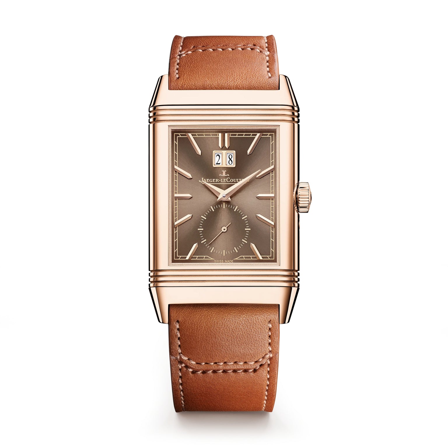 The Jaeger-LeCoultre Reverso Tribute Geographic is a rectangular pink gold wristwatch featuring a brown dial with date display, small seconds subdial, and a matching brown leather strap.