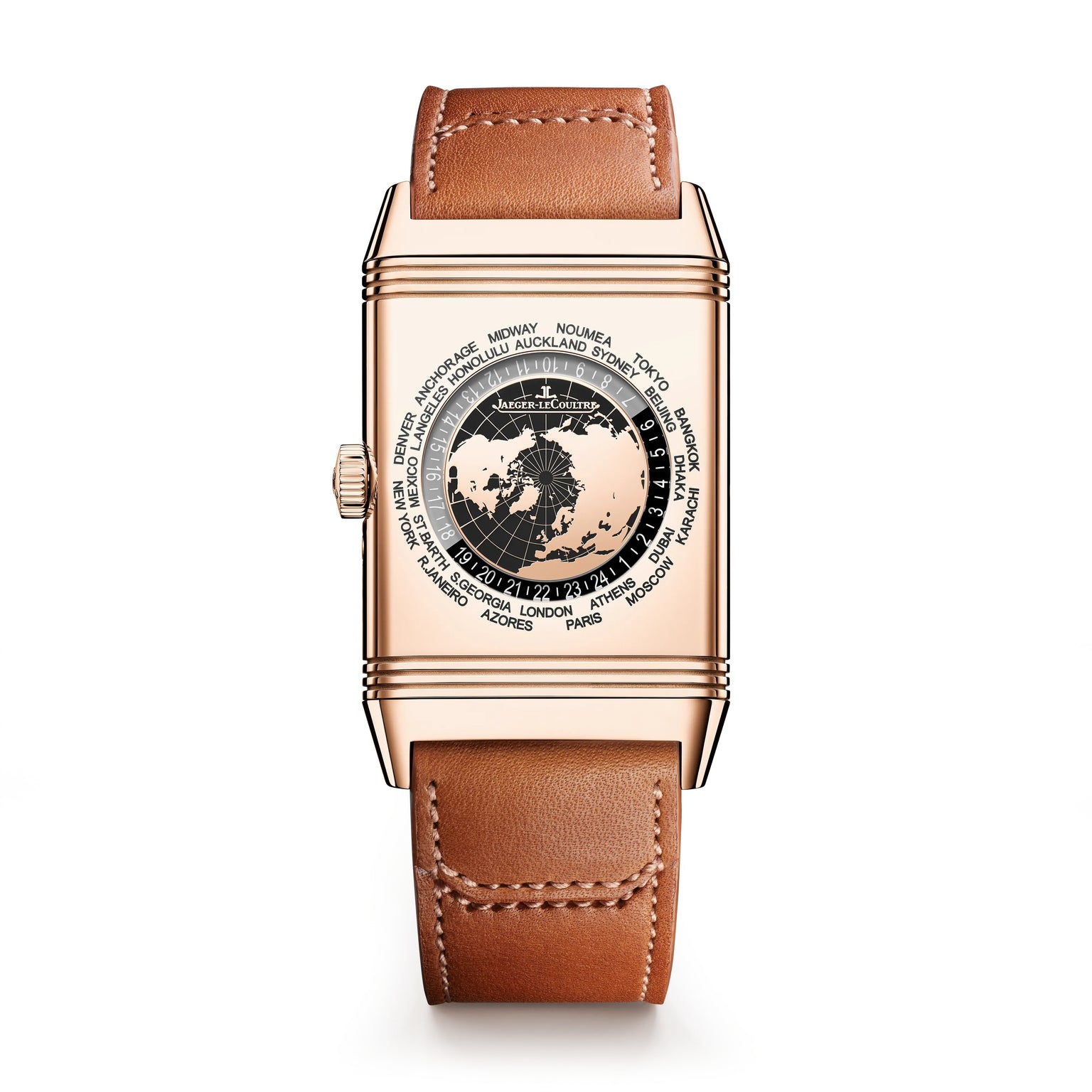 The Jaeger-LeCoultre Reverso Tribute Geographic is a rectangular pink gold watch with a brown leather strap, featuring a black and white dial displaying Universal Time with a world map and city names.