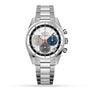 A Zenith Chronomaster EP Original wristwatch featuring a stainless steel case, silver dial with grey, silver, and blue subdials, and a matching metal bracelet.