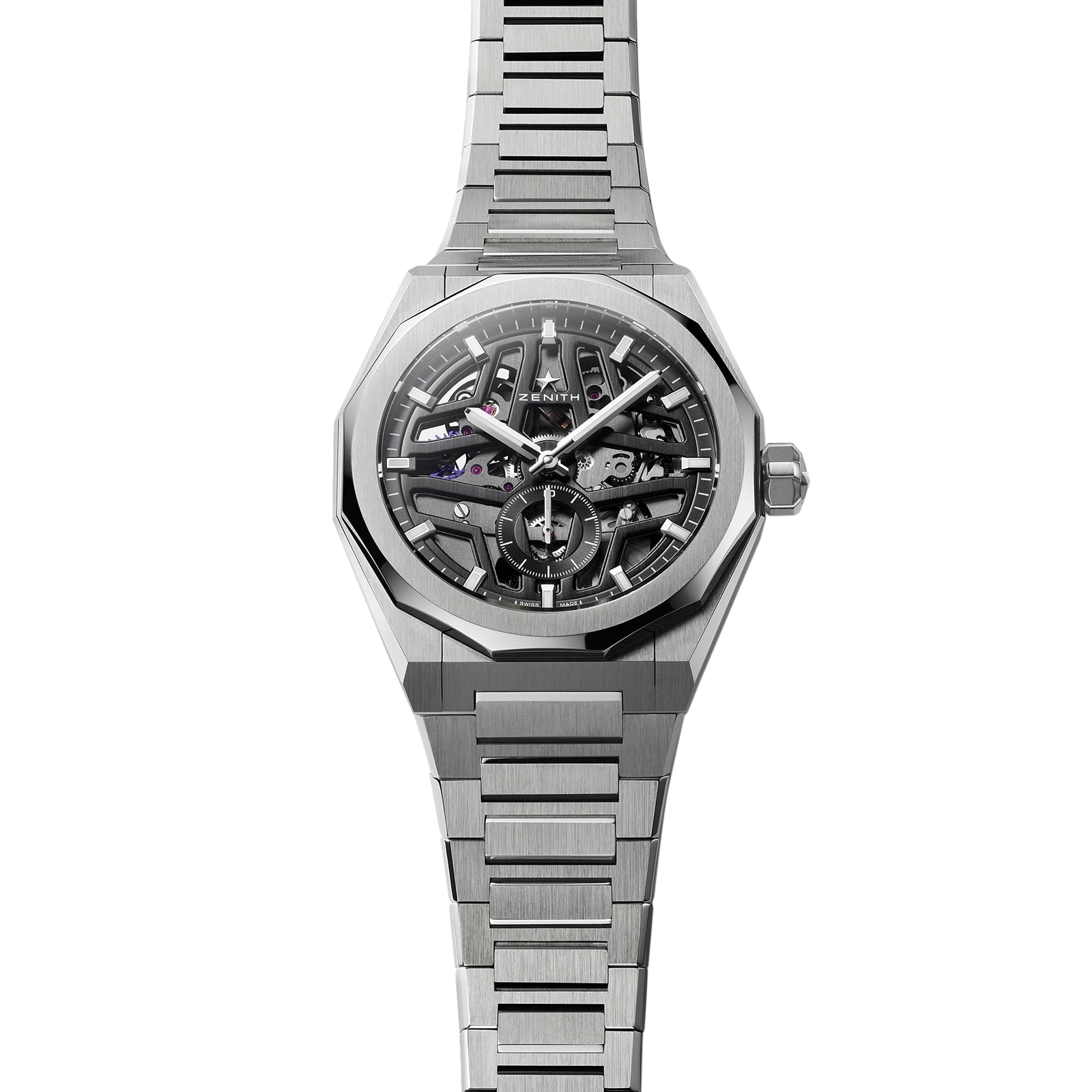 The Zenith Defy Skyline Skeleton is a luxury silver watch featuring an intricate exposed mechanism and a metal link bracelet.