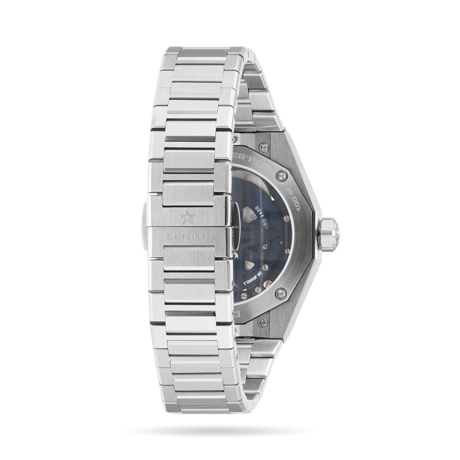 A stainless steel Zenith Defy Skyline Skeleton wristwatch shown from the back, highlighting its clasp, bracelet, and a transparent case back that reveals the El Primero movement—ideal for fans of urban sophistication.