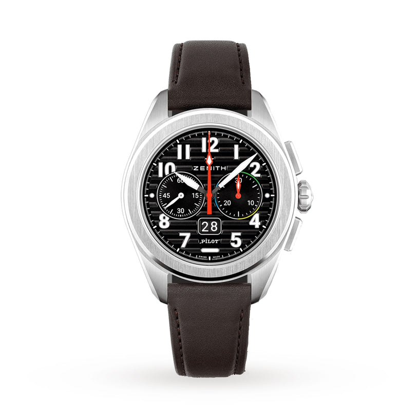 The Zenith Pilot Big Date Flyback is a pilot watch with a black dial, white numerals, two subdials, date display, set in a sleek black ceramic case and paired with a brown leather strap.