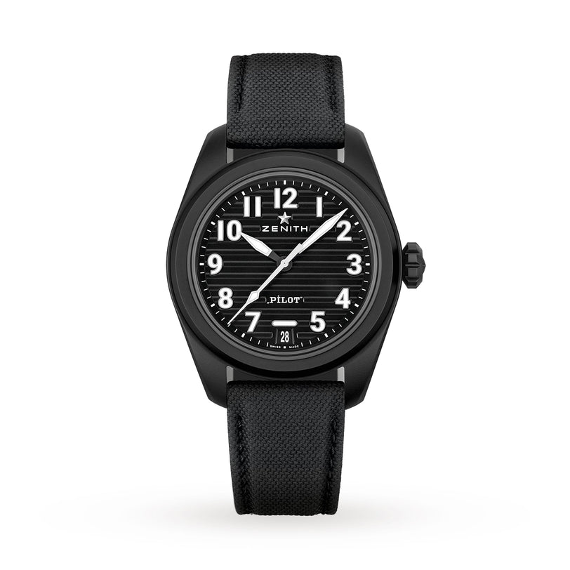 The Zenith Pilot Automatic wristwatch features a black striped dial, white numerals, and a black fabric strap. Shown on a white background, it offers precise timekeeping with its automatic high-frequency calibre.